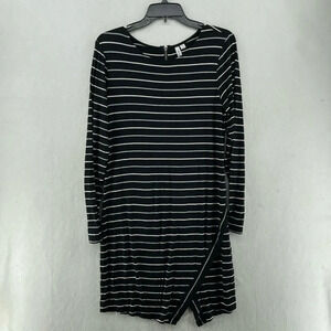 Kensie Dress Shirt Womens M Black White Striped Round Neck Long Sleeve Zipper